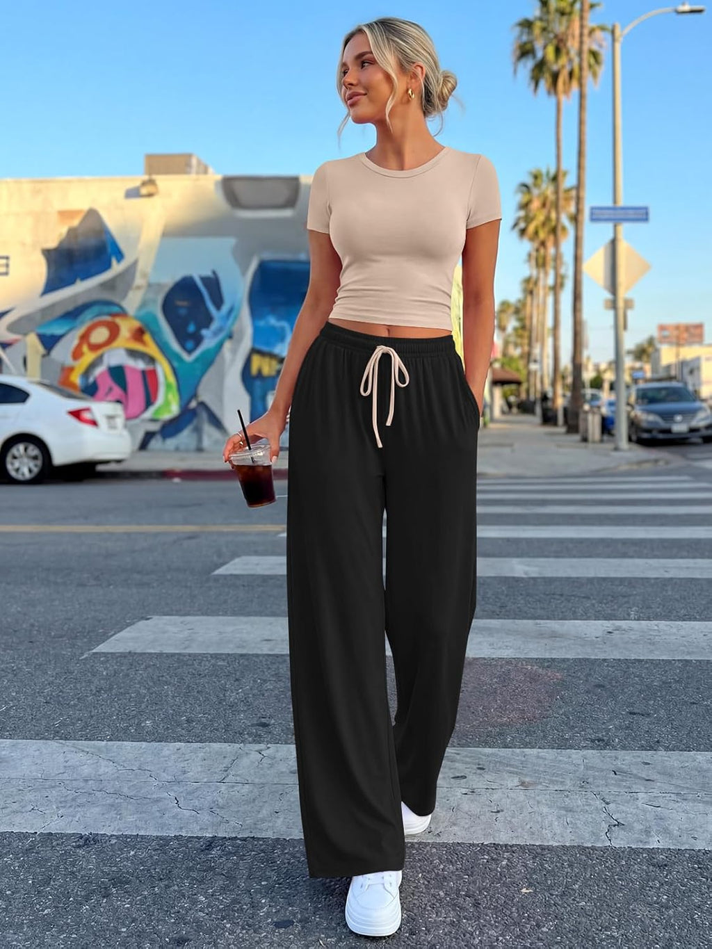 Trendy Queen 2 Piece Matching Summer Sweatsuit - Women's Side Ruching Top & Wide Leg Pants Set with Pockets