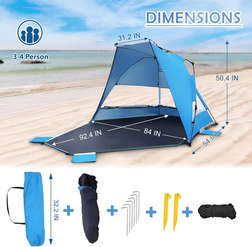 EAGLE PEAK Beach Tent - Instant Pop-Up Canopy with UPF50+ UV Protection for 3-4 People | Light Blue