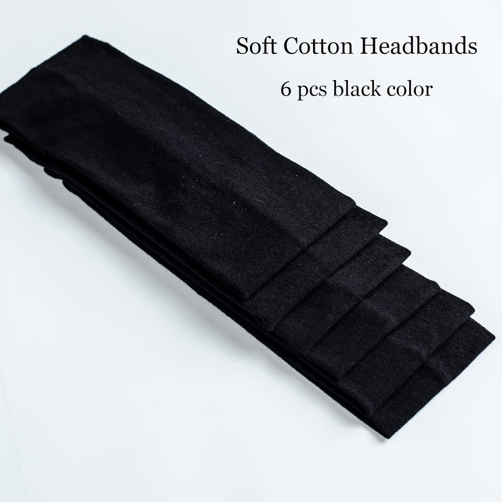 Skiennix 6 Pcs Black Cotton Headbands - Non-Slip, Stretchy Hair Accessories for Women