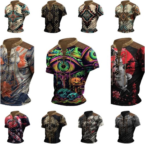 Domirica Tactical Henley Shirts for Men - Short Sleeve Crewneck Retro Pullover | Big & Tall Muscle Tee