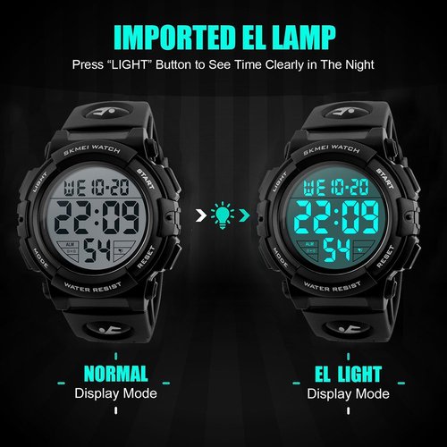 SKMEI Large Face Digital Watch Men’s Sports Waterproof LED Military Wristwatches Chronograph Alarm Clock (Black)