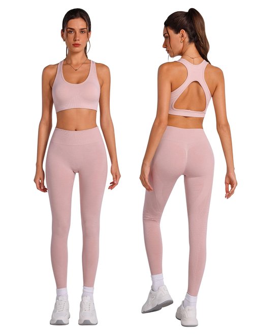ABOCIW Workout Sets for Women Seamless High Impact Racerback Sports Bra Tummy Control Scrunch Butt High Waist Leggings 2 Piece Gym Yoga Outfits Cutout Pink Large