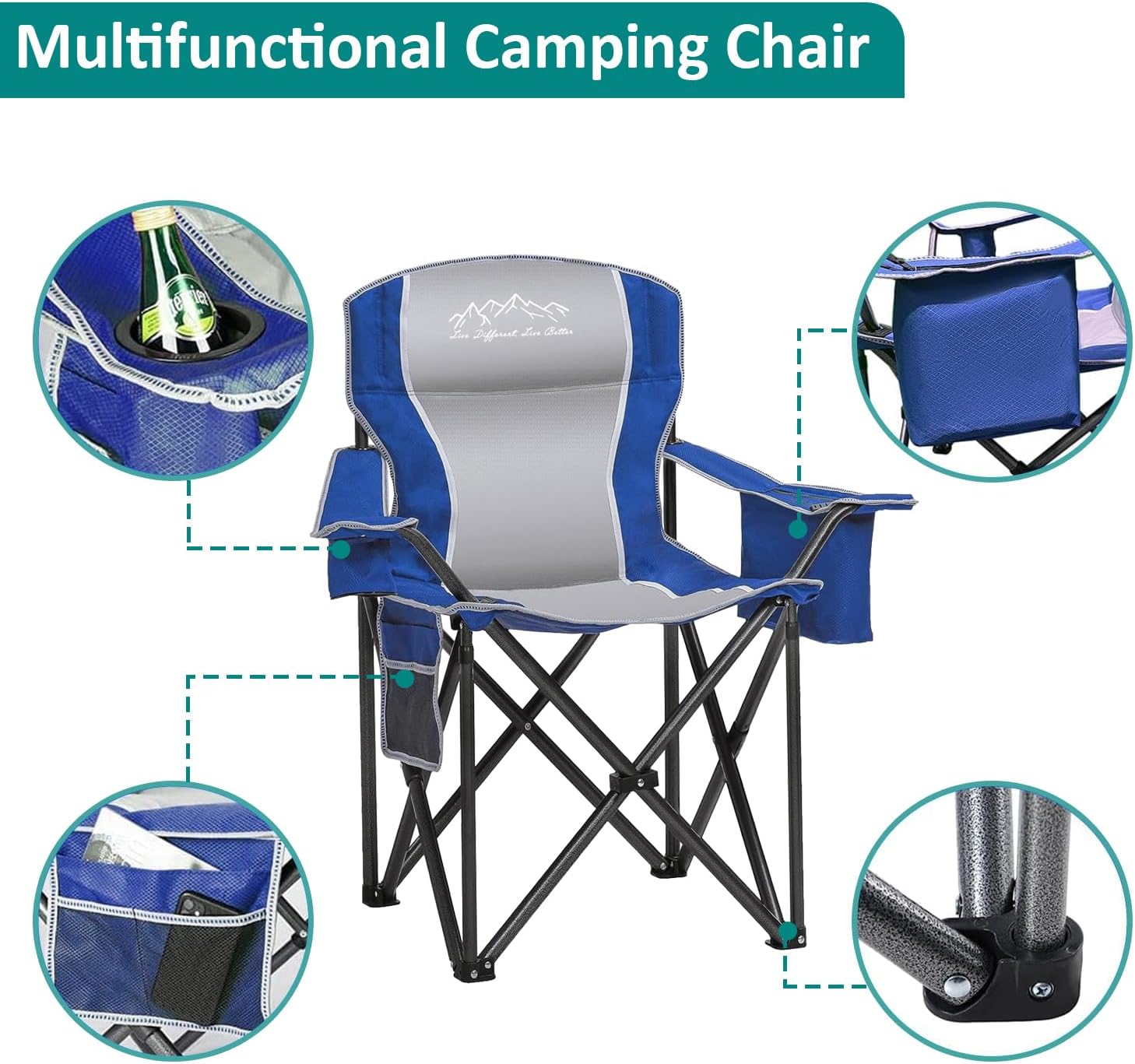 Skiennix Heavy-Duty Camping Chairs - 500lbs Capacity, High Back, Padded, Blue | 2-Pack with Cooler Bag & Cup Holder