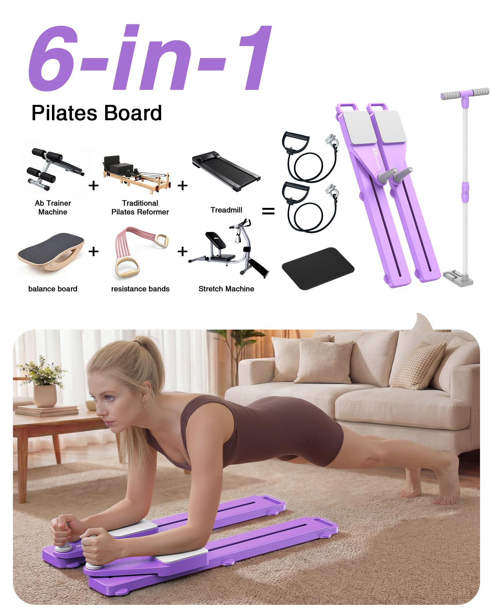 SolidFit 6-in-1 Pliates Board with Handrail & Resistance Bands - 2026 Upgrade Multifunctional Pilates Slider Board Anti-Slip Silent Portable Pilates Reformer for Home Full Body Workout Purple