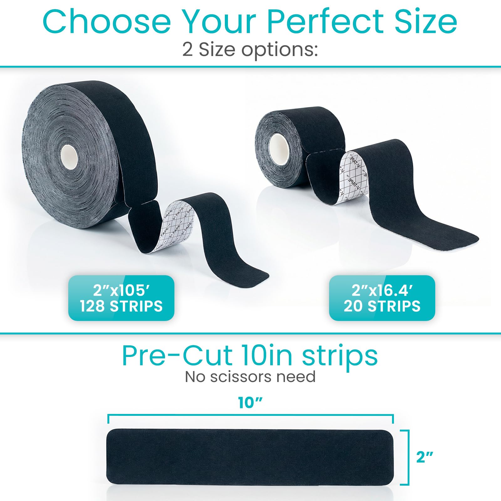 Vive Kinesiology Tape Roll - Tape Precut Strips (2" x 105 Feet/128 Strips) - Kinesio Sports Tape Athletic - Knee, Shoulder, Ankle, Muscle K Tape Adhesive Elastic Wrap - Body Kinetic Tape Waterproof