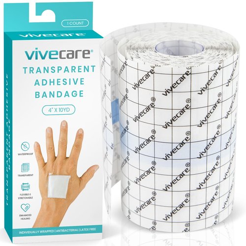 ViveCare Transparent Film Dressing - Waterproof Adhesive Bandage 4" x 10 Yards - Tattoo Aftercare Wrap for Recovery, Swim, Shower - Clear Wound Care Dressing Tape - Protective Medical Grade Film Cover