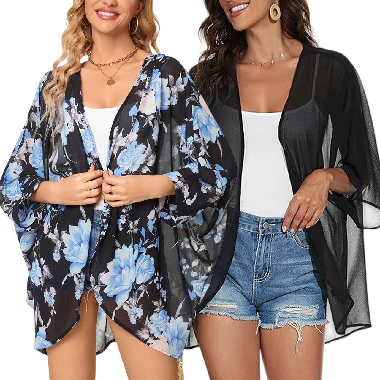 olrain 2 Pieces Floral Print Kimono Cardigan Sheer Chiffon Cover Up 3/4 Sleeve Open Front Beach Jacket for Women 2026 (BlackBlackBlue, Large)