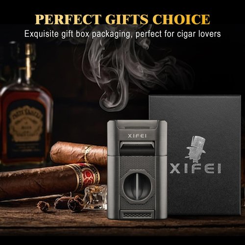 XIFEI 6-in-1 Cigar Lighter, Desktop Torch Lighter with Straight Cut V-Cut Cigar Cutter, Dual Cigar Punch, Cigar Draw Enhancer, Cigar Holder, 4 Jet Flame Refillable Butane Lighter Gift for Men (Gray)