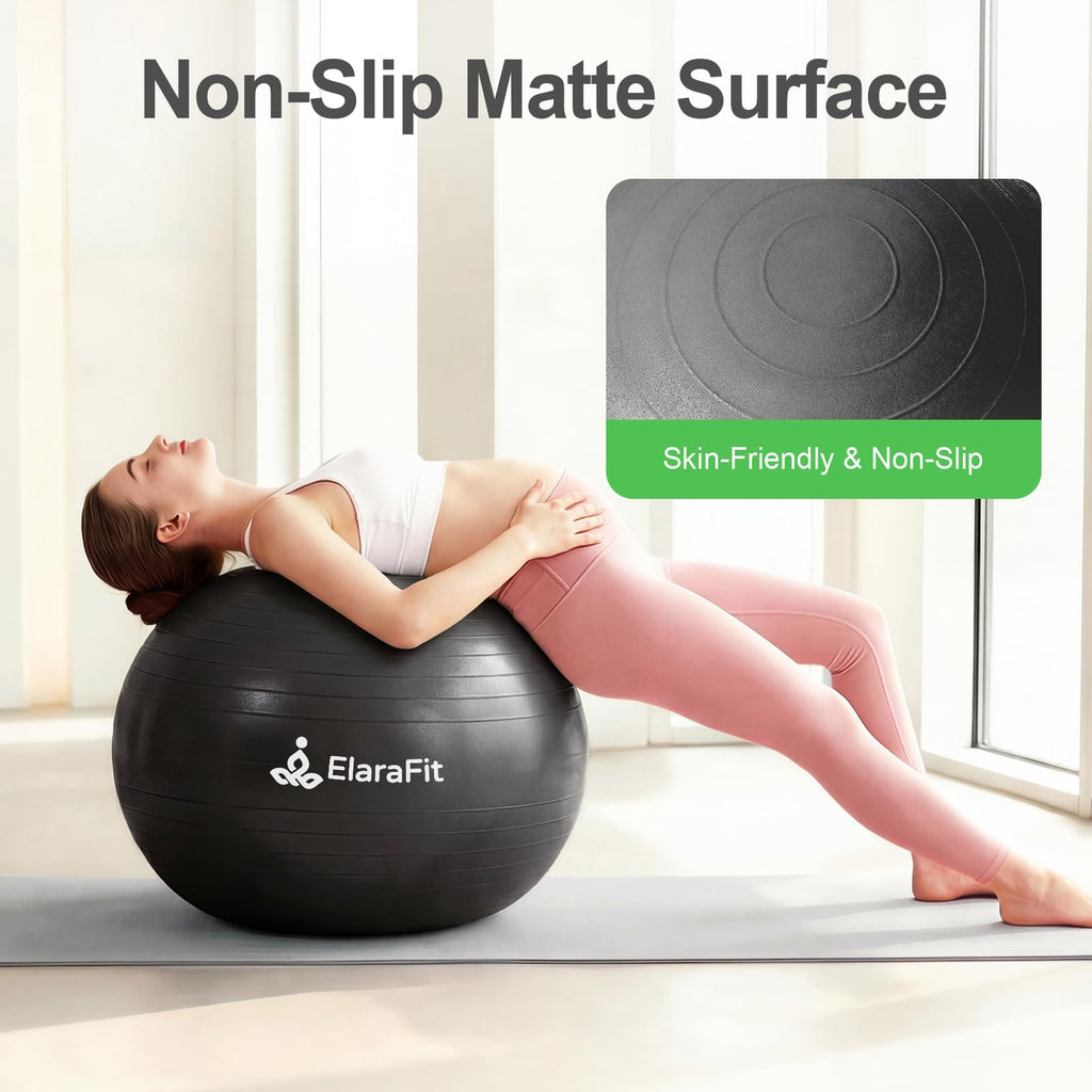 ElaraFit Anti Burst Large Exercise Ball for Yoga Non Slip Pilates Ball with Pump 550 lbs Capacity for Pregnancy, Fitness Size L 23 to 26 inches, About 58 to 65cm (Black)