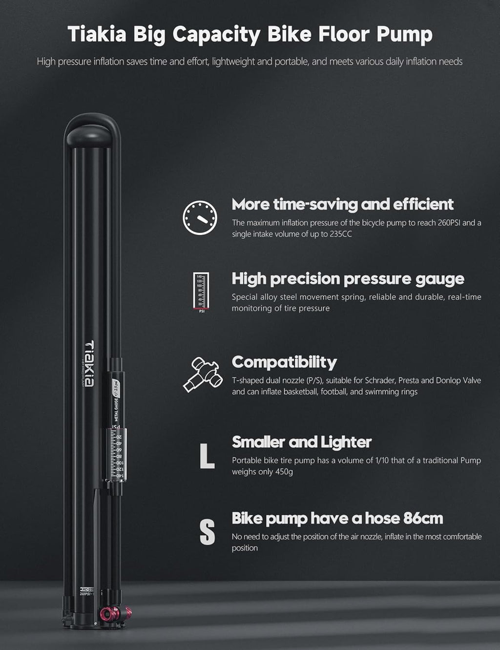 Tiakia Bike Pump - High Pressure Portable Hand Air Pump with Gauge for Presta & Schrader Valves | Aluminum Design