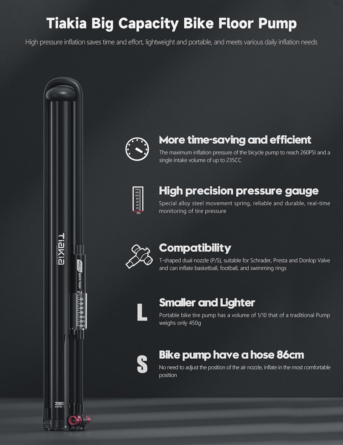 Tiakia Bike Pump - High Pressure Portable Hand Air Pump with Gauge for Presta & Schrader Valves | Aluminum Design
