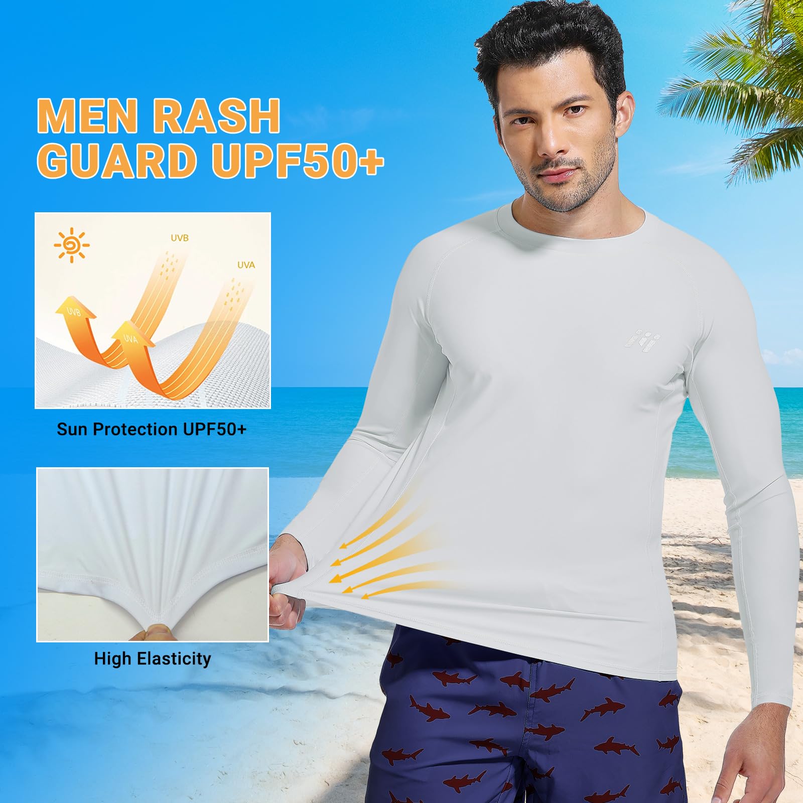 Sun Protection Swim Shirts for Men: SPF UPF 50+ UV Long Sleeve Rash Guard for Fishing Hiking Running Workout Athletic White