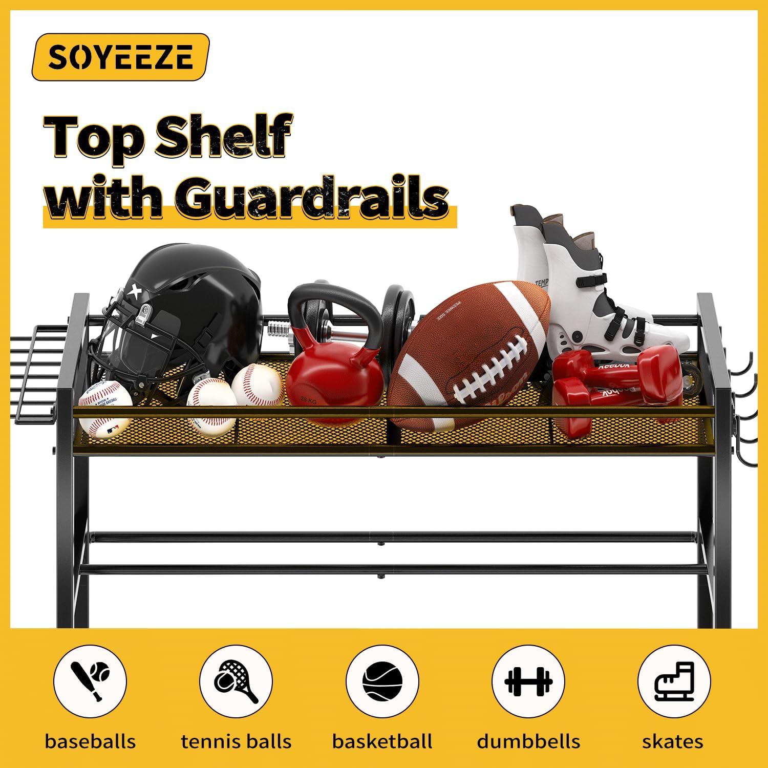 SOYEEZE Sports Equipment Organizer - 4-Tier Ball Storage Rack for Garage & Outdoor Toys | Mobile Cart with Hooks