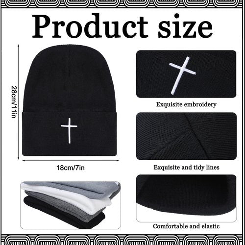 Newcotte 4 Pcs Christian Cross Beanie Jesus Hat Skull Winter Cap Embroidery Knitted Unisex Beanies Faith Religious Gifts for Men Women Teen Winter Sports