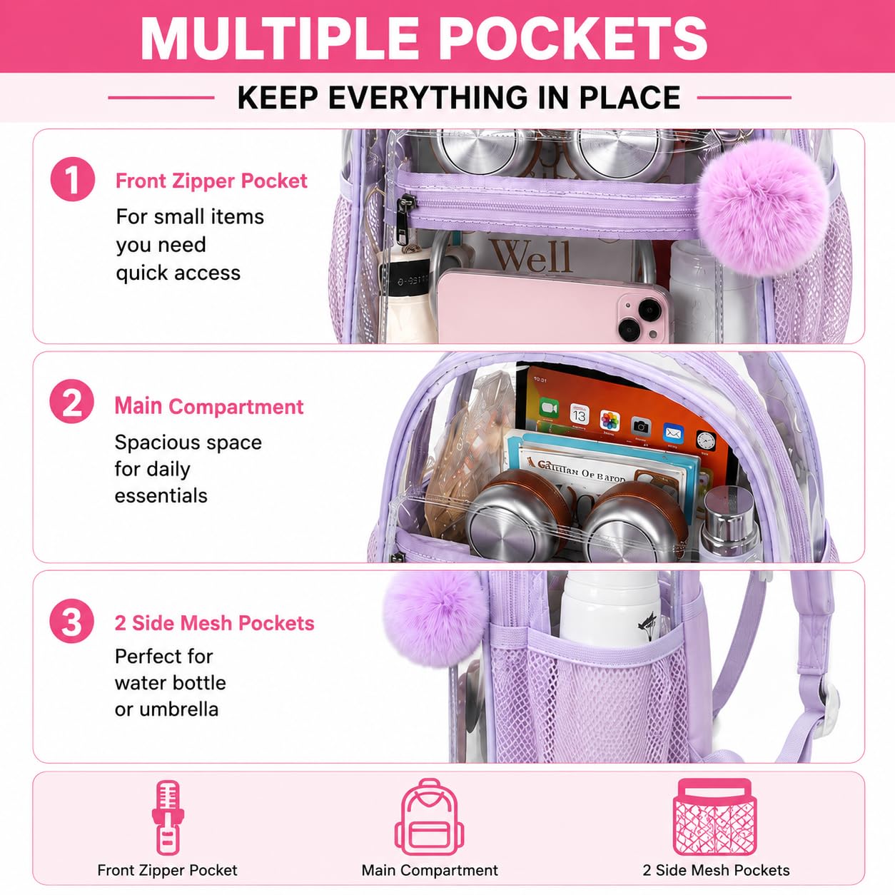BTOOP Clear Mini Backpack for Stadium Events 12x12x6 Small Transparent Backpacks Plastic See Through Clear Bag for Concerts Work Festival Security Travel Purple