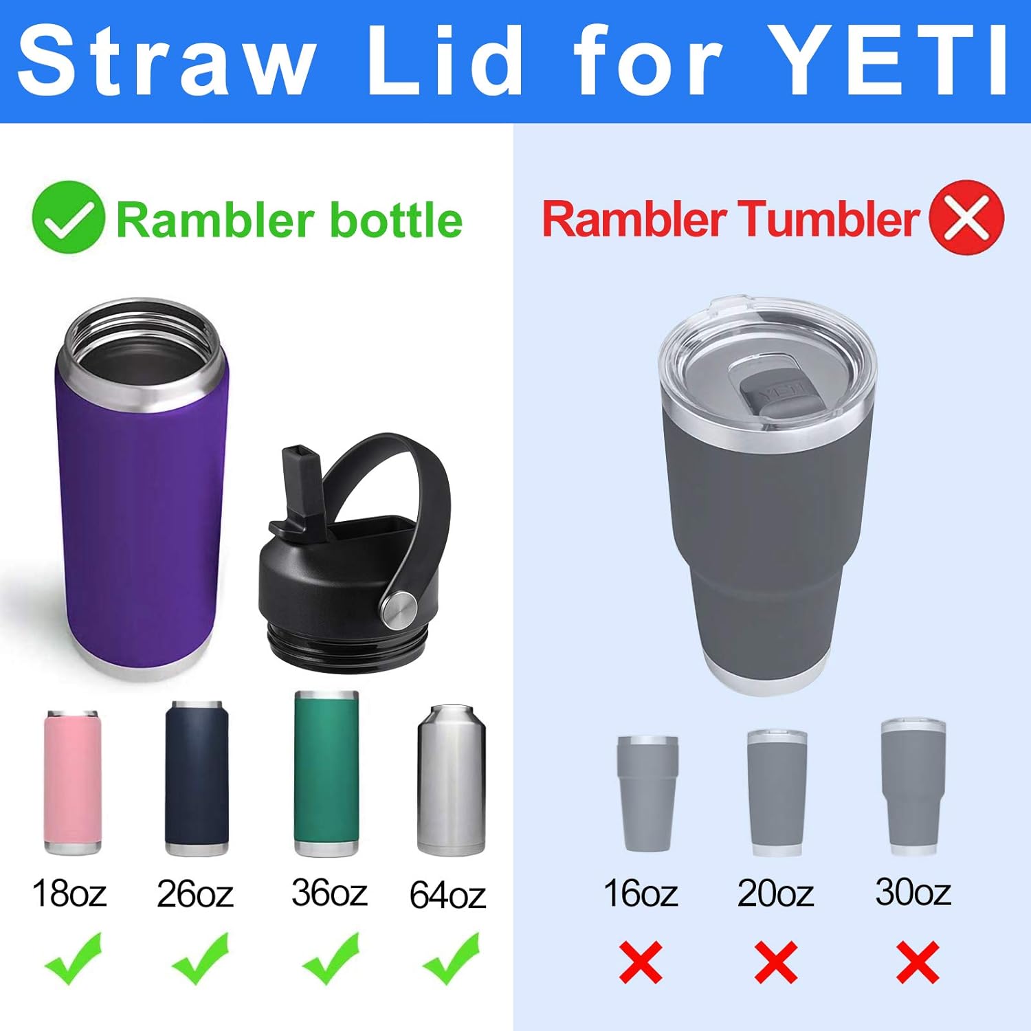 Yeti Rambler Straw Lid - Replacement Cap with Flexible Handle for 18/26/36/64 oz Water Bottles