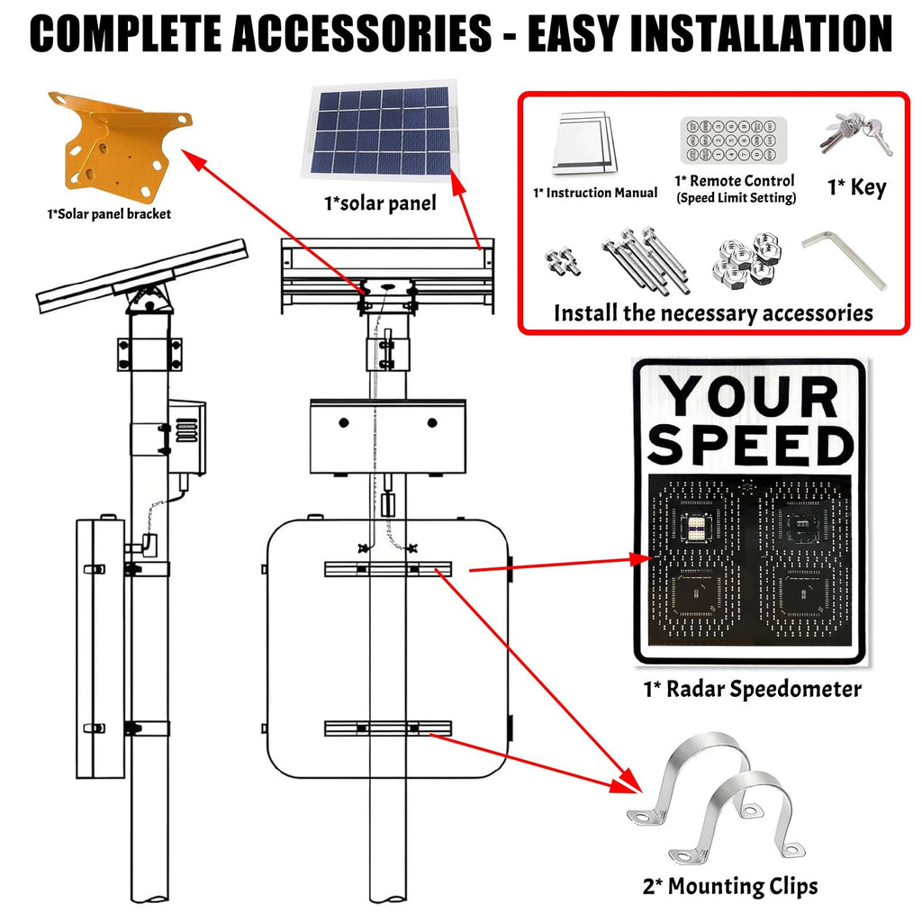 80w Solar LED Radar Speed Signs, Radar Speed Signs, Sign Road Safety Speed Limit Detector, Flashing Speed Limit Indicator,Aluminum Radar Speed Display Road Warning Board(19.6x27.5inch)