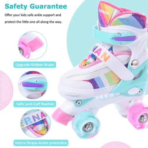 ERNAN Kids Roller Skates,Girls Roller Skates,4 Size Adjustable with Light up Wheels for for Beginner Kids Girls & Boys (Rainbow, M)