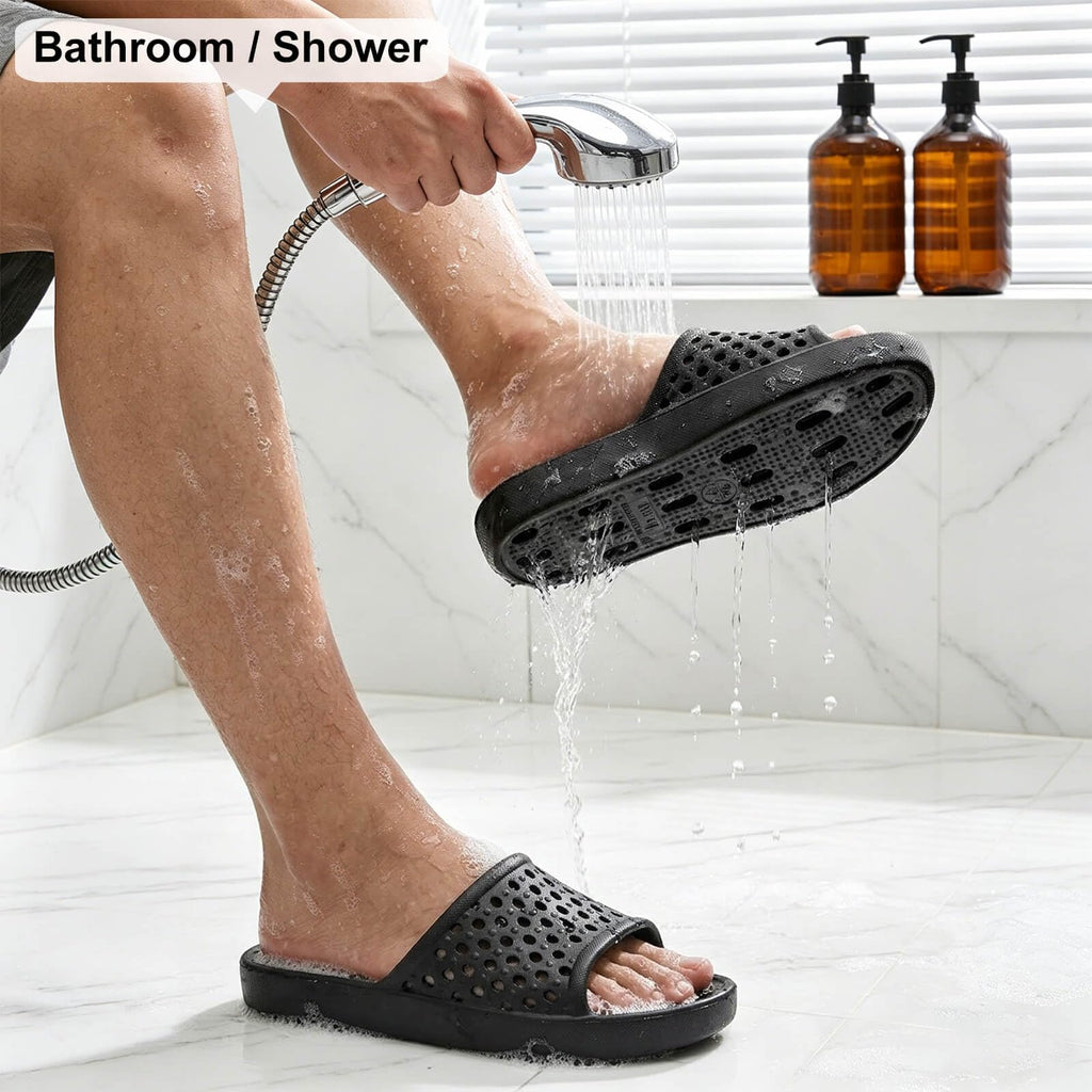 Xomiboe Shower Shoes for Men Women, Non Slip Quick Dry Shower Sandals with Drain Holes, Lightweight EVA Shower Slippers for Gym, College Dorm, Pool, Locker Room Black EU44-45