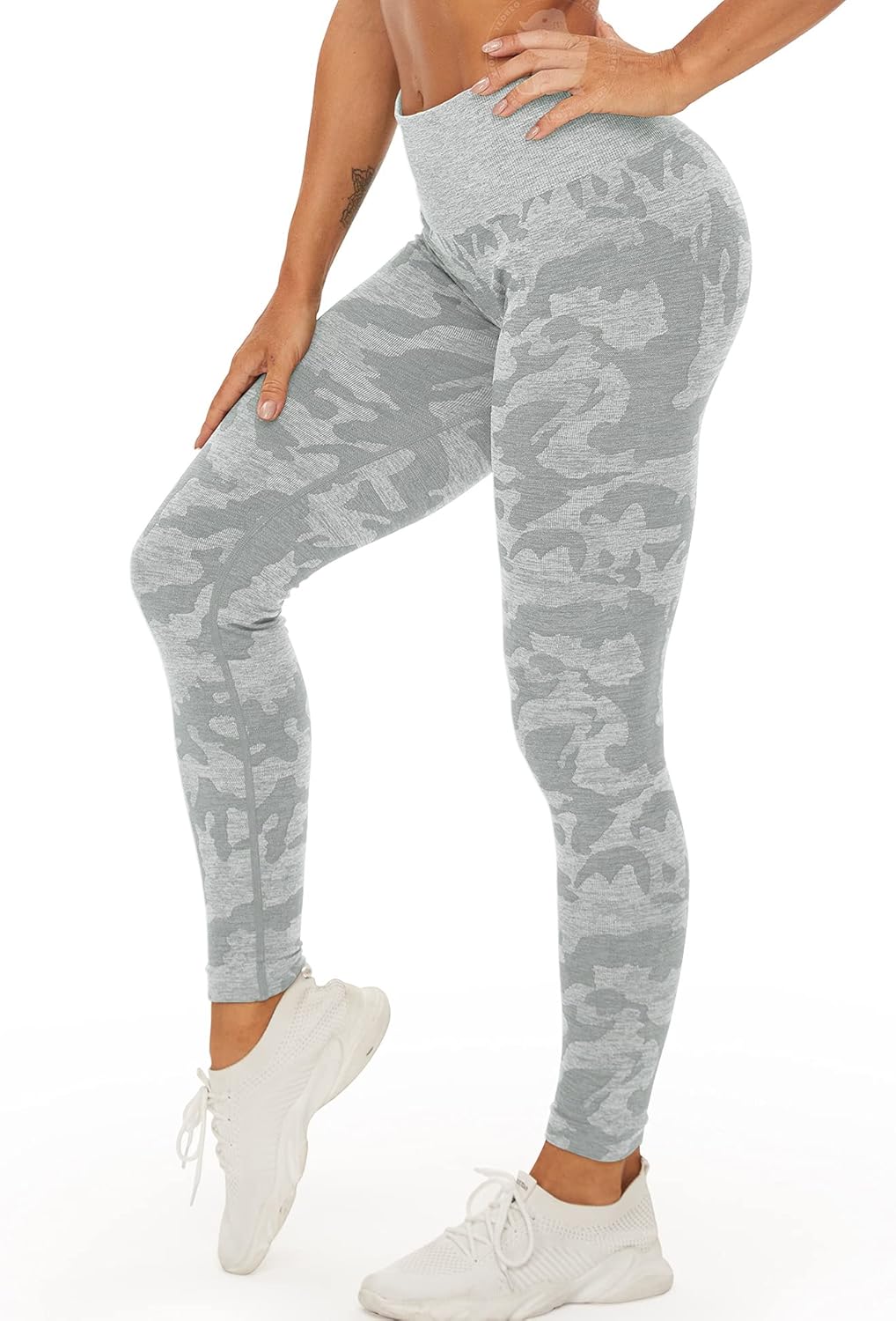 YEOREO Women's High-Waisted Camo Workout Leggings - Seamless Tummy Control Yoga Pants | Grey, Size M