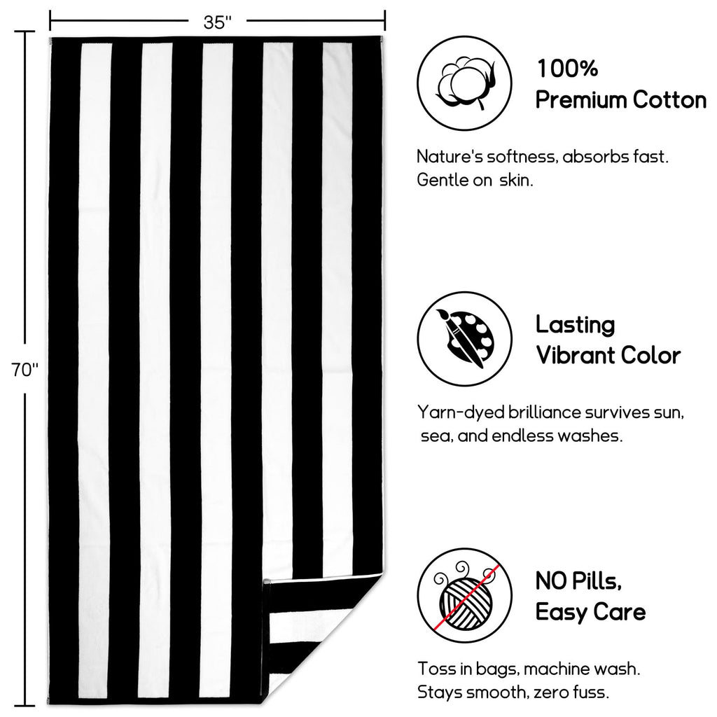 cabanana Large Oversized Beach Towel - 35 x 70 Inch Cotton Pool Towel, Black Striped Soft Cabana Swim Towel