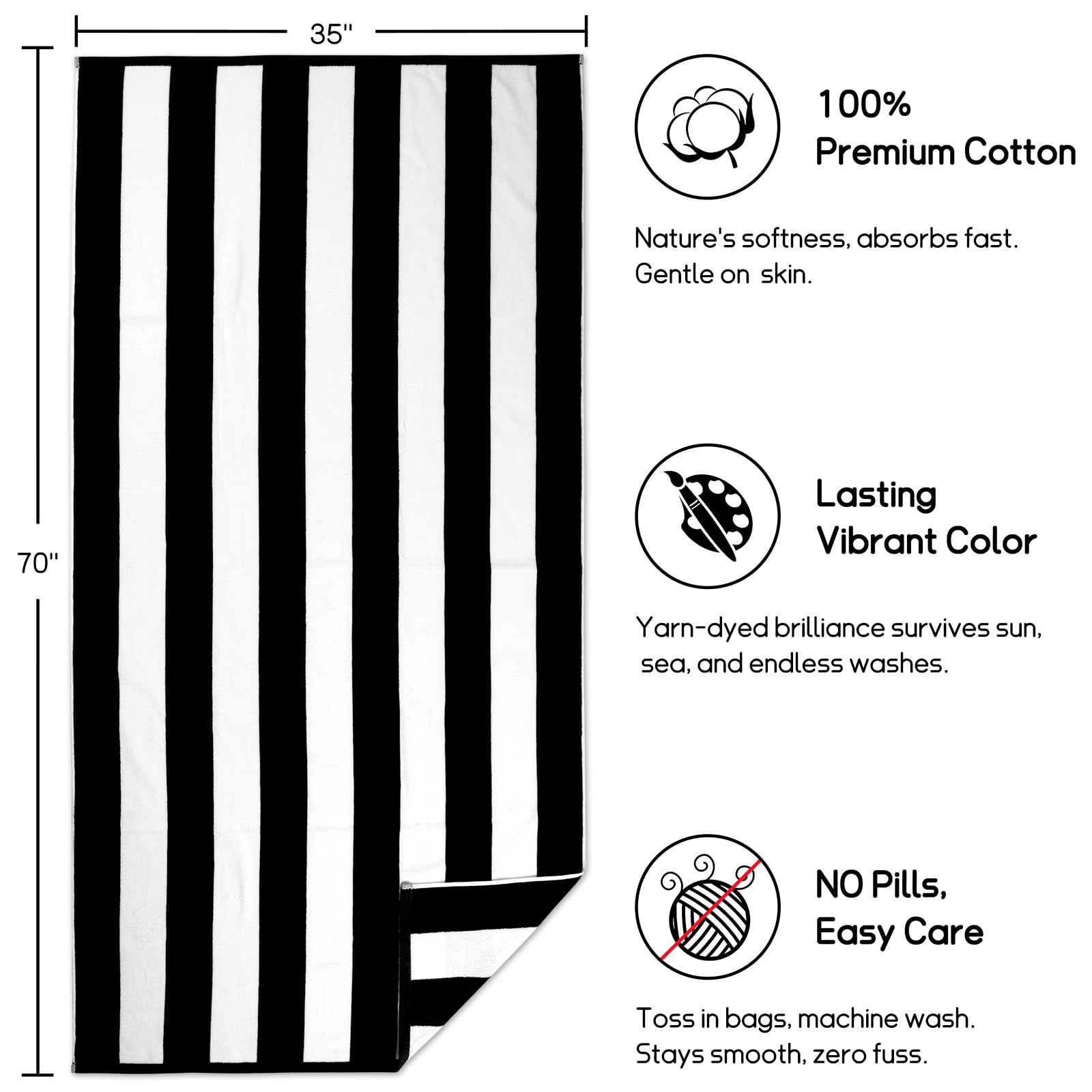 cabanana Large Oversized Beach Towel - 35 x 70 Inch Cotton Pool Towel, Black Striped Soft Cabana Swim Towel