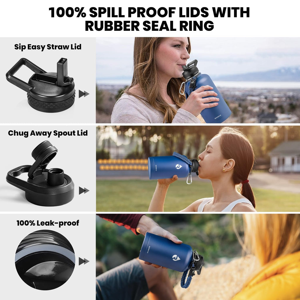 RAYMYLO Insulated Water Bottle 64 oz, Triple Wall Vacuum Stainless Steel (Cold for 48 Hrs), Leak Proof & Non-BPA, Half Gallon Water Flask Jug with Paracord Handle & Straw Spout Lids, Navy Blue