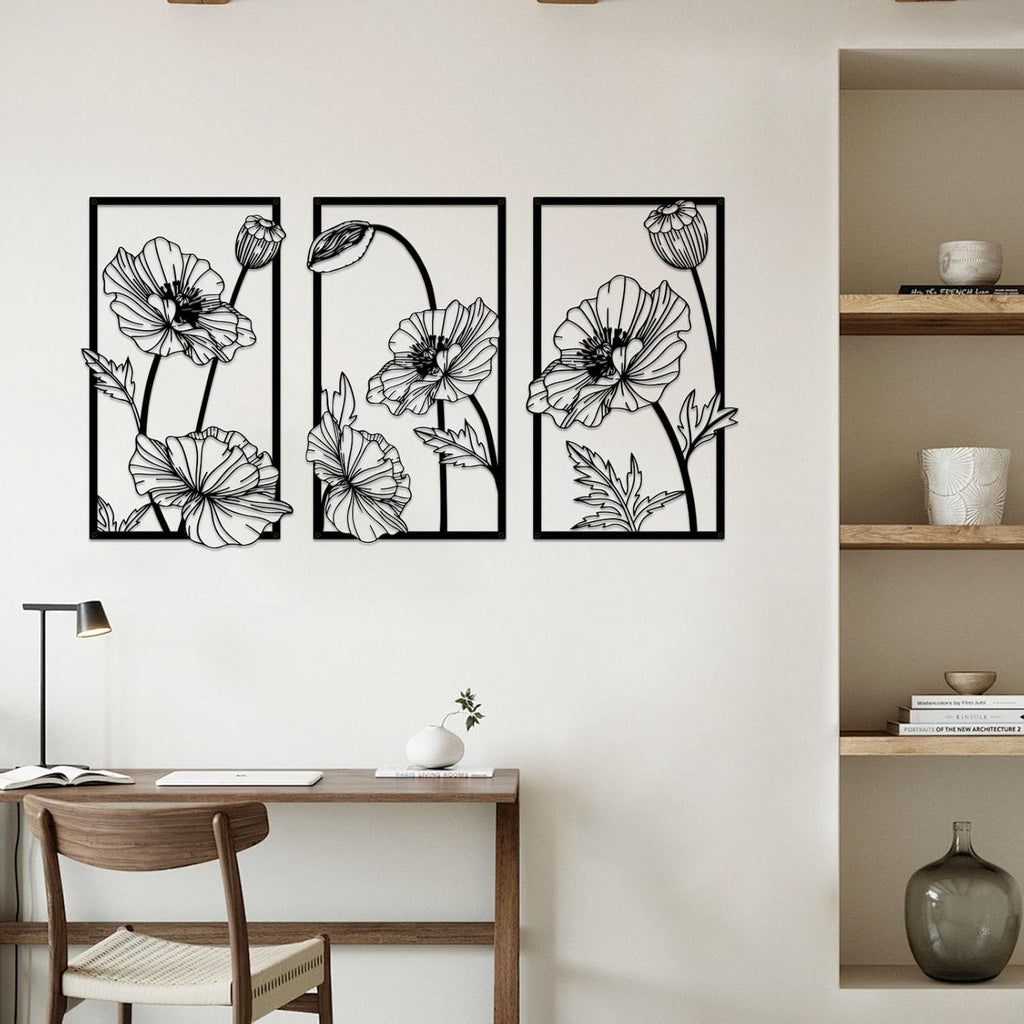 Resama Black Metal Flowers Wall Decor - Minimalist Abstract Floral Art for Bedroom, Bathroom, Kitchen