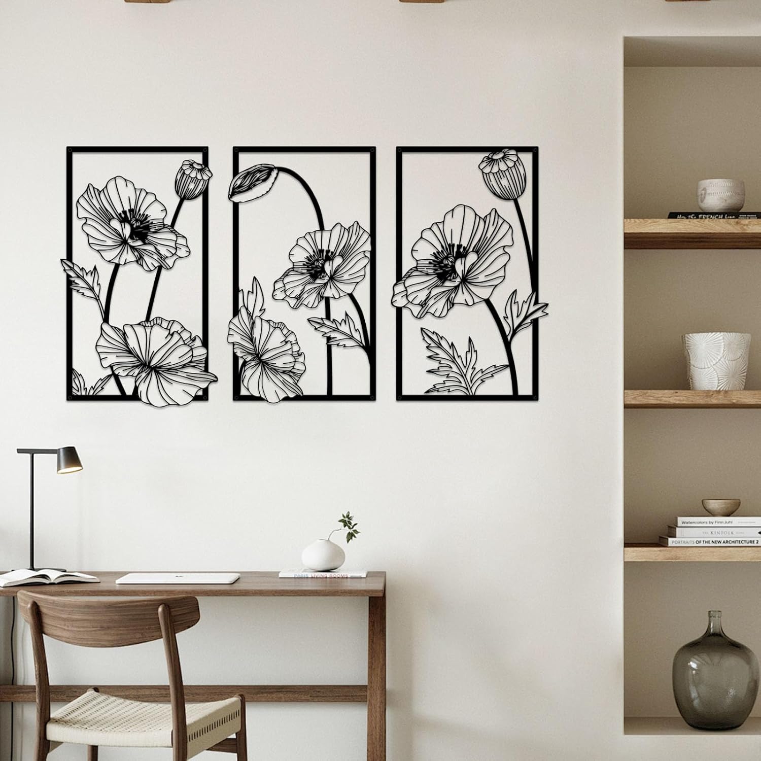 Resama Black Metal Flowers Wall Decor - Minimalist Abstract Floral Art for Bedroom, Bathroom, Kitchen