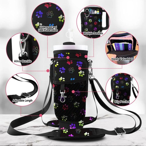40 oz Tumbler Carrier with Strap Water Bottle Holdeand 30oz Tumbler Carrier with Strap Bottle Holder Dog Paw Stanley Cup Purse Accessories for Hiking Travelling Camping 3 Pockets to Hold More