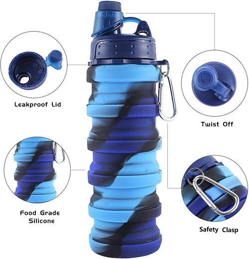 konlongzan Collapsible Water Bottles 2 pack Travel Water Bottle 500ML（ Blue Camouflage + Pink