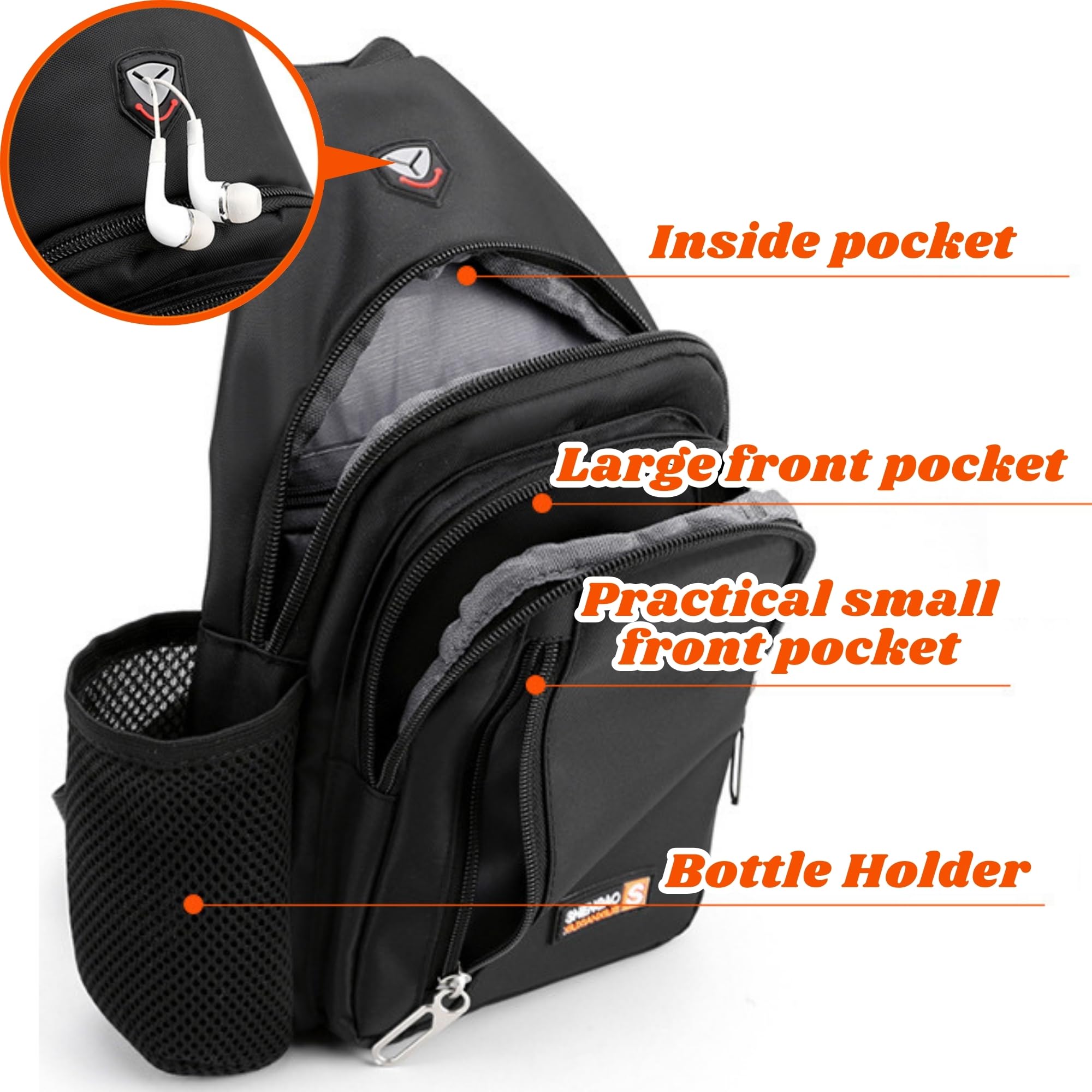 Travel Lightweight Sling Bags with Key Ring Strap Bottle Holder Earphone Hole, Adjustable Nylon Crossbody Shoulder Backpack, Water Resistant (Gray 02)