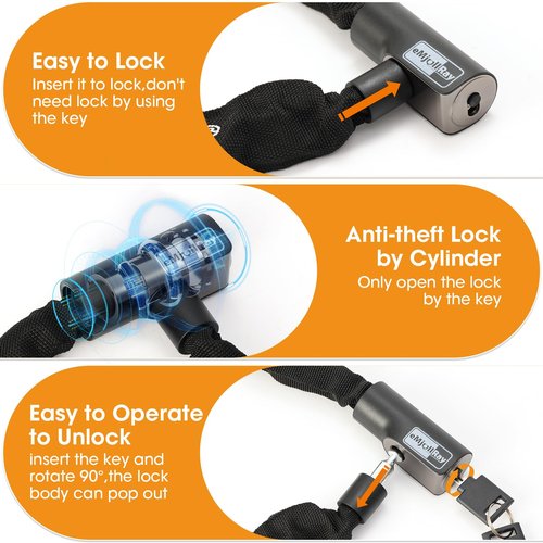 eMjollRay Anti-Theft Chain Lock for Scooter & Bike Heavy Duty Alloy Steel Security Lock with 2 Keys, Quick Push-to-Lock Mechanism Portable Waterproof Canvas Covered Motorcycle Lock