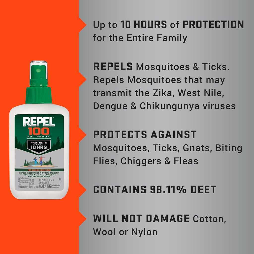 Repel 100 Insect Repellent - 10-Hour Long-Lasting Protection with DEET | 4 Ounces Spray for Mosquitoes, Ticks, and More