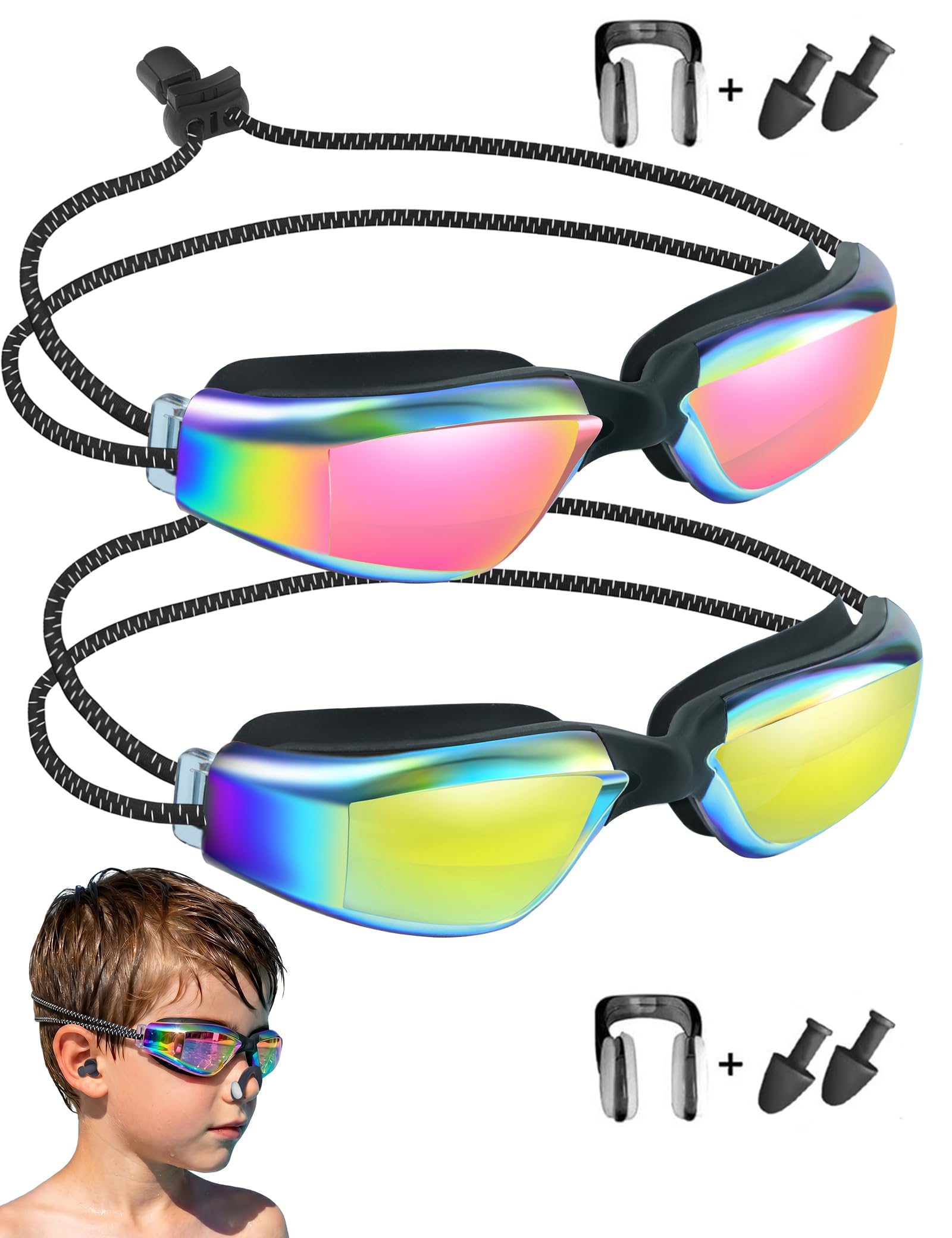 Vvinca Goggles for Kids 6-14 with Bungee Strap 2pc, Toddler Kids Swim Goggles for Swimming 8-12 No Hair Pulling for Boys Girl