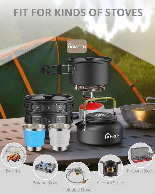 HOMGEN 12pcs Ultralight Anodized Aluminum Camping Cookware Set for 2 People - Nesting Pot/Pan with Foldable Handles 800ml Insulated Teapot & Stainless Cups- Compact Backpacking Gear for Camping Hiking