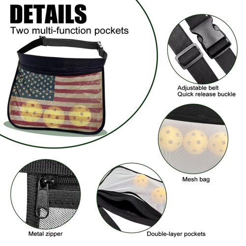 Kathyboom Tennis Ball Band Holder,Retro American Flag Pickleball Ball Waist Bag with Adjustable Belt, Tennis Waist Storage Pouch for Tennis, Pickleball, Golf Accessories