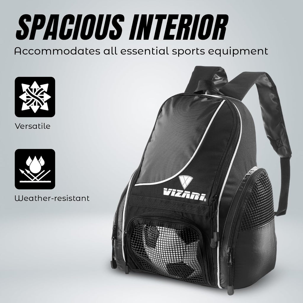 Vizari Solano Soccer Backpack - Ball Compartment, Vented Pocket & Mesh Cargo Pockets | Ideal for Adults & Teens