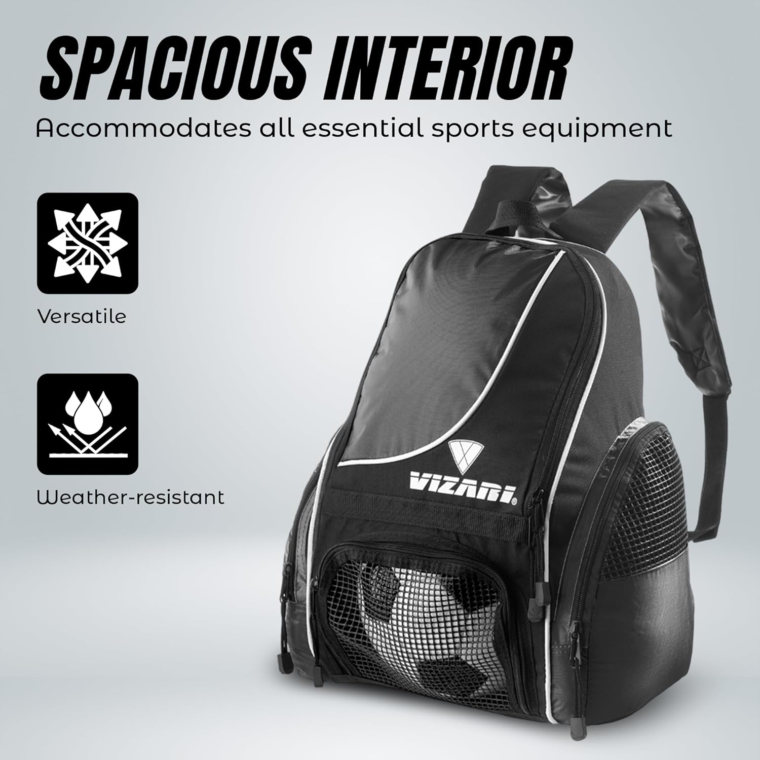 Vizari Solano Soccer Backpack - Ball Compartment, Vented Pocket & Mesh Cargo Pockets | Ideal for Adults & Teens