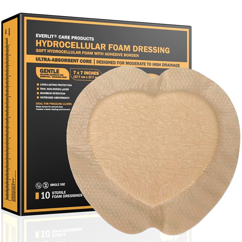 Everlit Sacrum Foam Dressing 7" x 7" | Highly Absorbent Waterproof Adhesive Bandage, 10 Pack