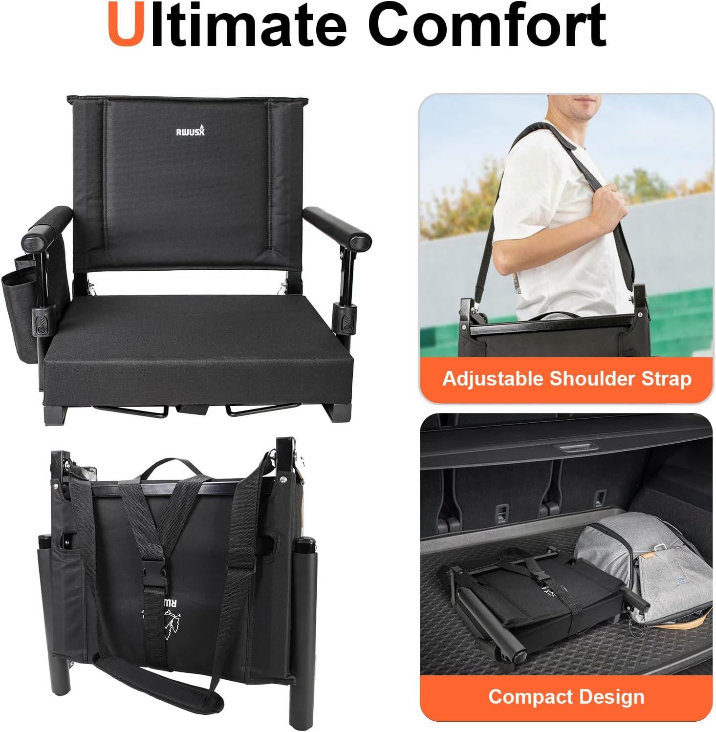 Skiennix Padded Stadium Seats - Portable Folding Bleacher Chair with Back Support | Black