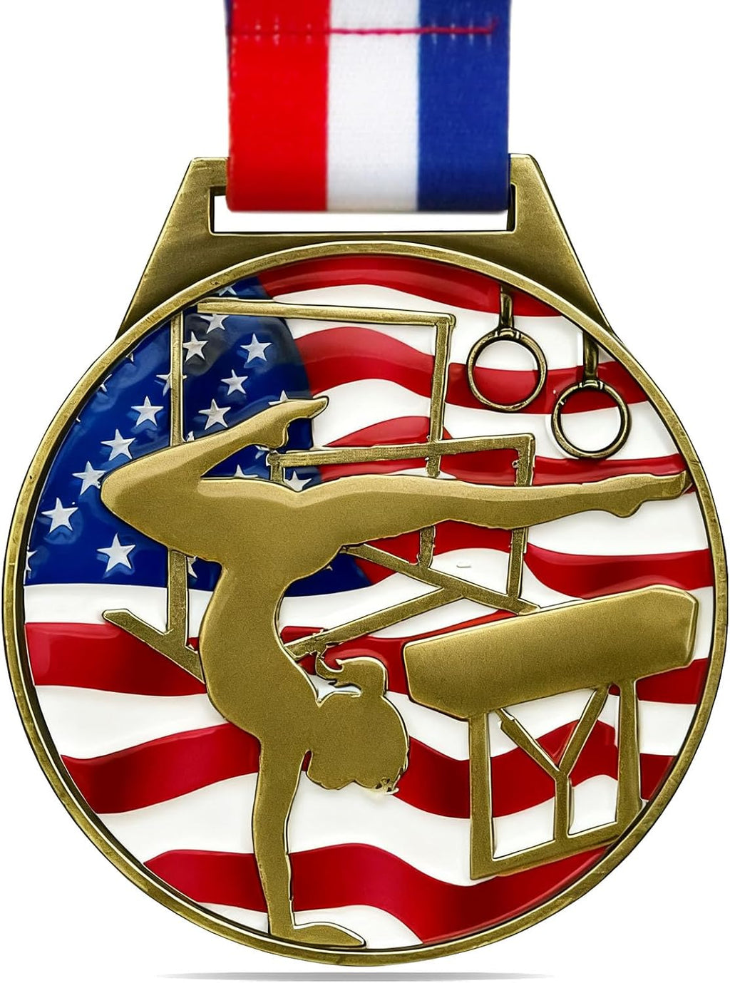 Patriotic Gymnastics Medal - 3” Medallion with Neck Ribbon for First Place Award | Perfect for Tournaments & Competitions