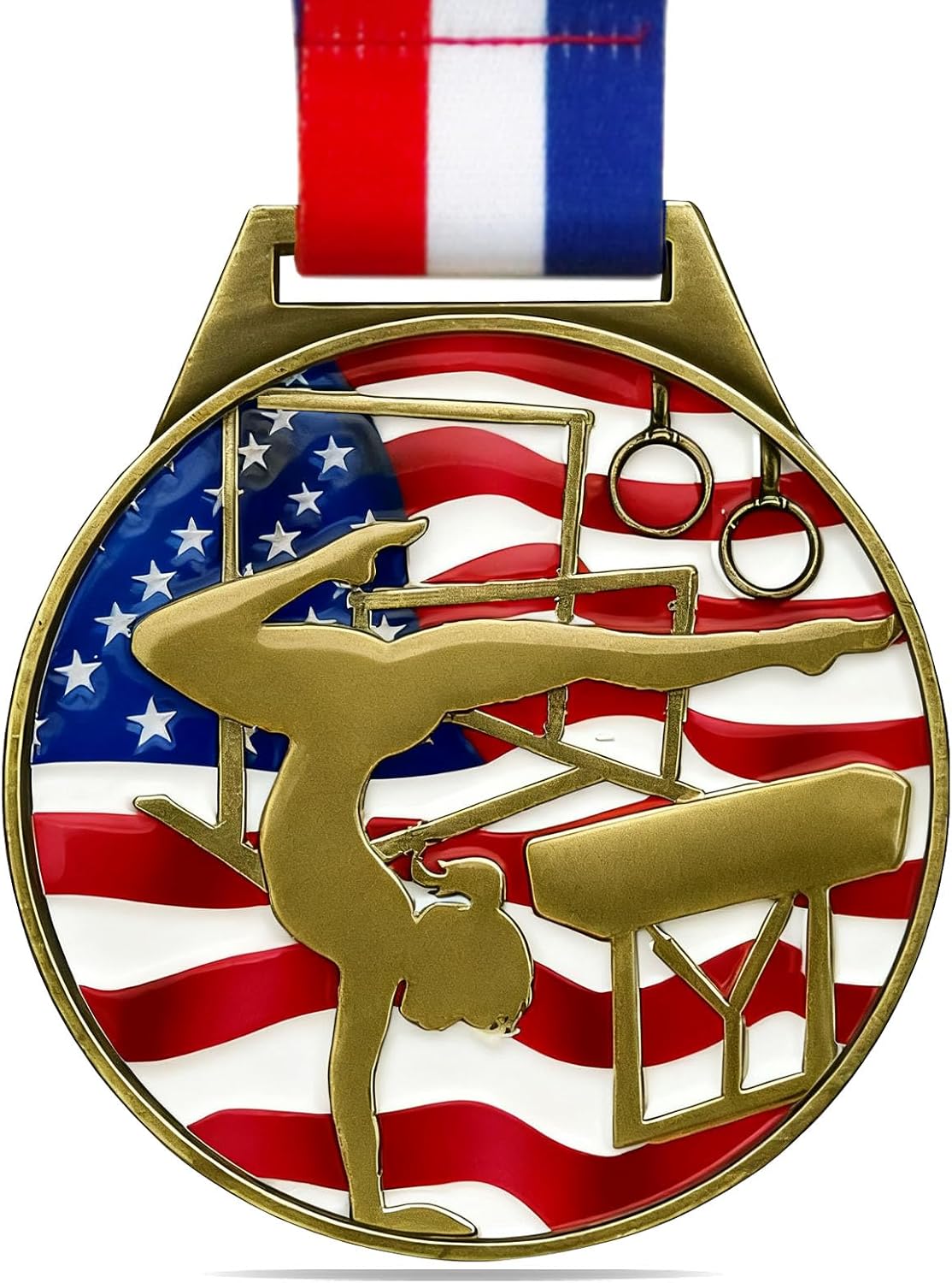 Patriotic Gymnastics Medal - 3” Medallion with Neck Ribbon for First Place Award | Perfect for Tournaments & Competitions