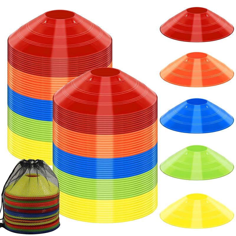 100 Pack Disc Cones with Carry Bag – Multicolor Training Cones (19cm x 5cm)