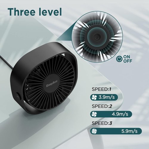 EasyAcc USB Small Desk Fan - 360° Rotatable Head & Powerful 3-Speed Portable Fan for Home & Travel
