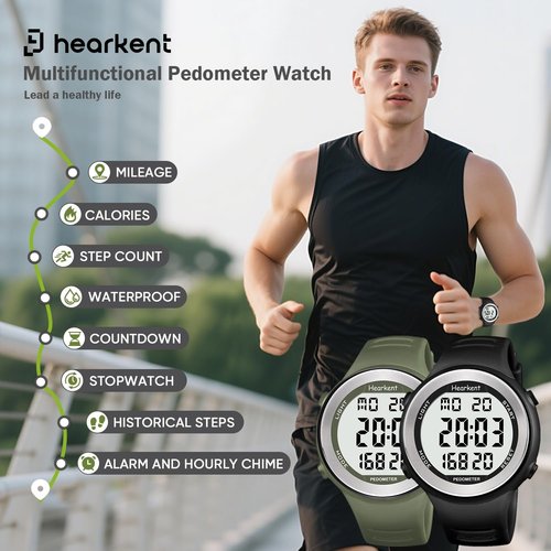 Hearkent Waterproof Pedometer Watch - Digital Step Counter with Light & Alarm | Fitness Tracker for Men & Women