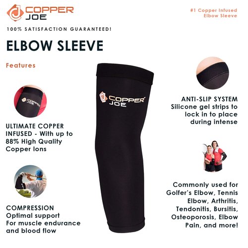 Copper Joe 2 Pack Recovery Elbow Compression Sleeve - Ultimate Copper Relief Elbow Brace for Arthritis, Golfers or Tennis Elbow and Tendonitis. Elbow Support Arm Sleeves For Men and Women (Large)