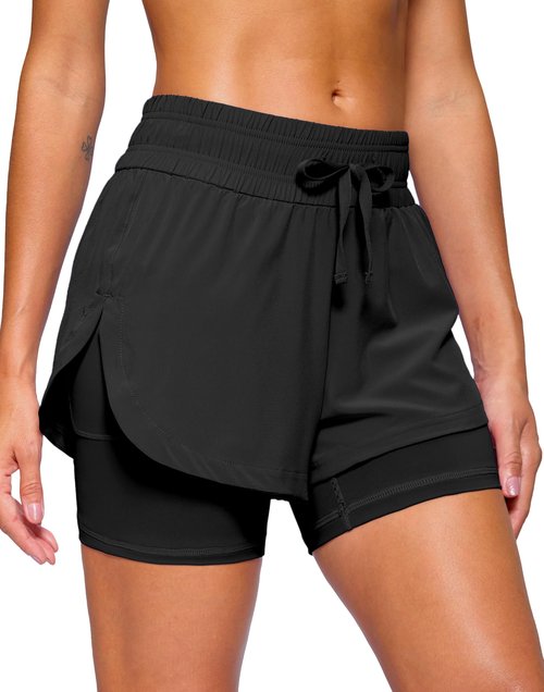 Soothfeel Women's 2 in 1 Running Shorts 5" Athletic Shorts High Waisted Workout Gym Tennis Exercise Shorts with Liner Pocket Black L