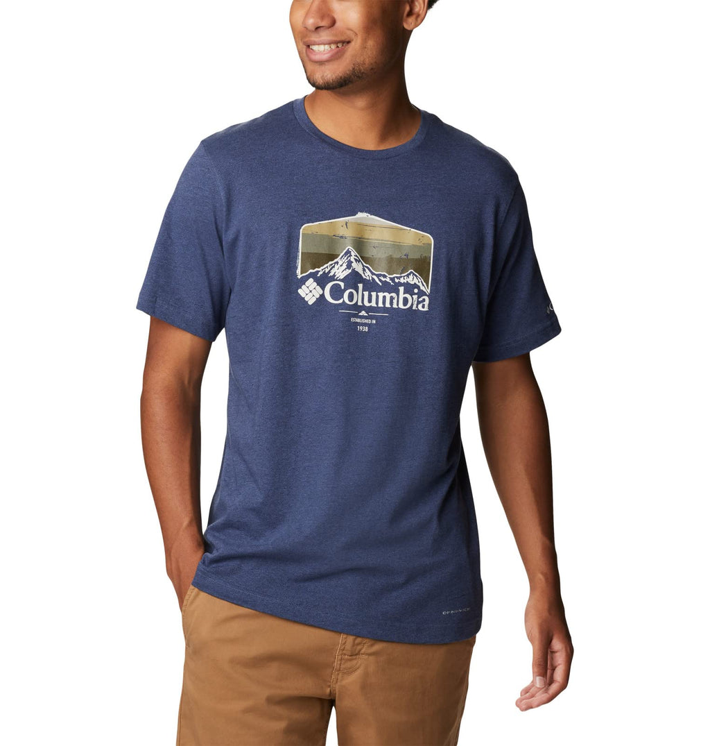 Columbia Men's Thistletown Hills Graphic Short Sleeve, Dark Mountain Heather/Hikers Graphic, 5X Tall