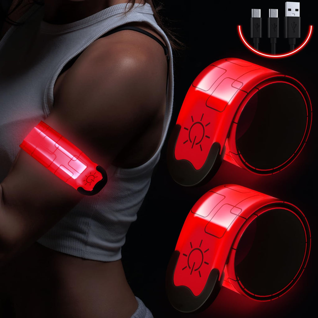 Simket Reflective LED Armband Rechargeable for Running(2 Pack), Running Lights for Runners, Running Lights, High Visibility Reflective Running Gear Adjustable Light Up Arm Bands for Men Women Kids